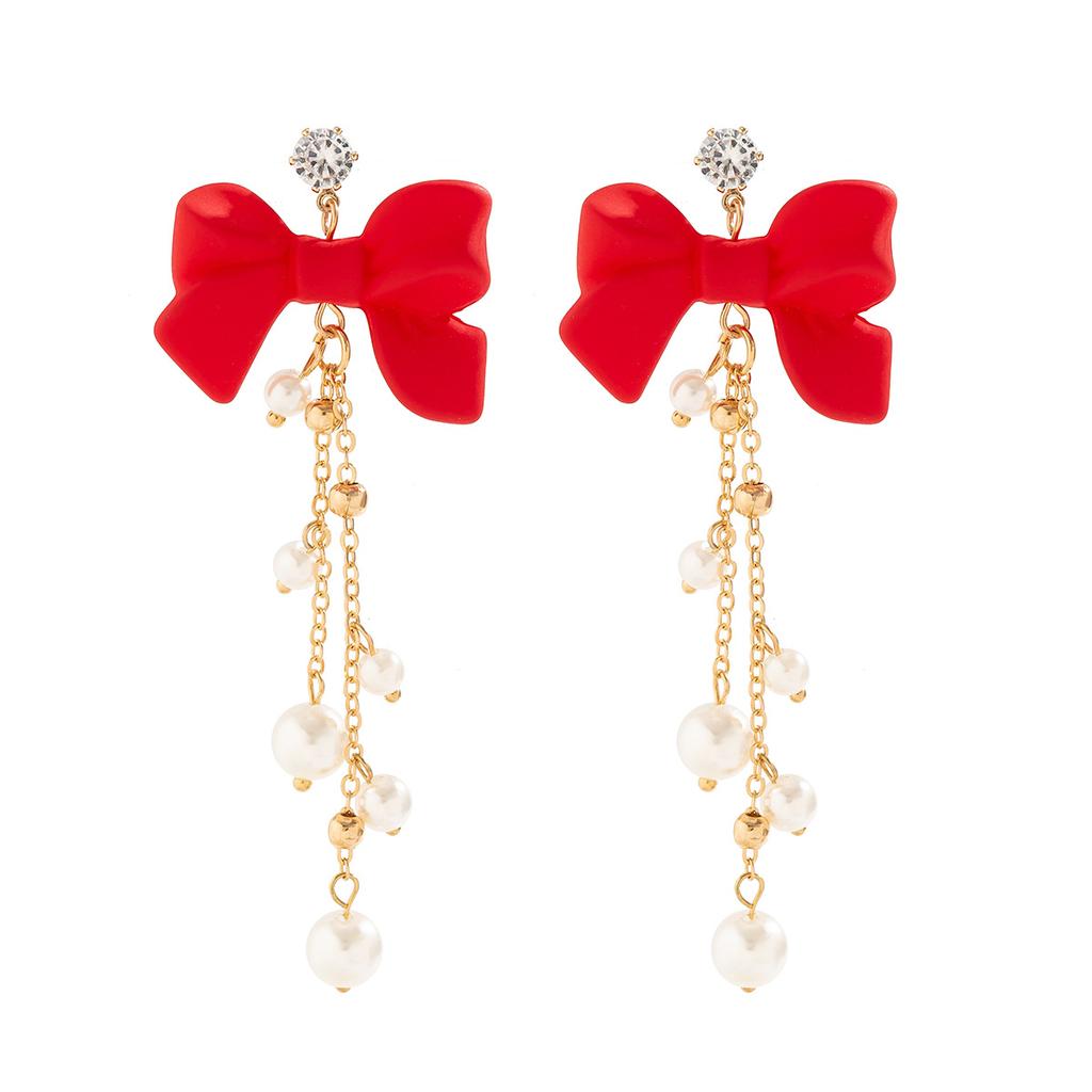 Ins Sweet Cool Red Bow Earrings Female Earrings Temperament Imitation Pearl Fringed Ear Jewelry