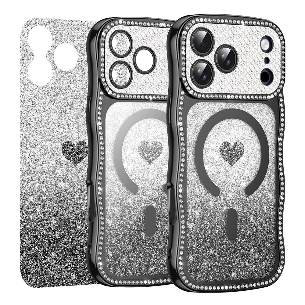 Для iPhone 17 Pro Магнитный чехол Электроокрашенный Волнообразный каркас Декор из страз ТПУ ПК Чехол для телефона с блестящей бумагой в виде сердца