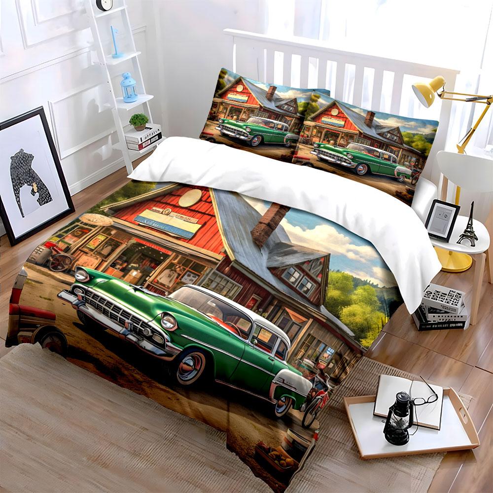 Classic vintage car by countryside store Print Bedding Set 1 Duvet Cover 2 Pillowcases for Adult and Children Luxury Gift