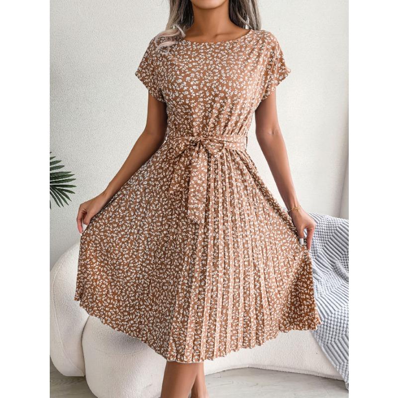 Ins Style Spring and Summer New Casual Short-sleeved Floral Large Swing Pleated Skirt European and American Women's Clothing