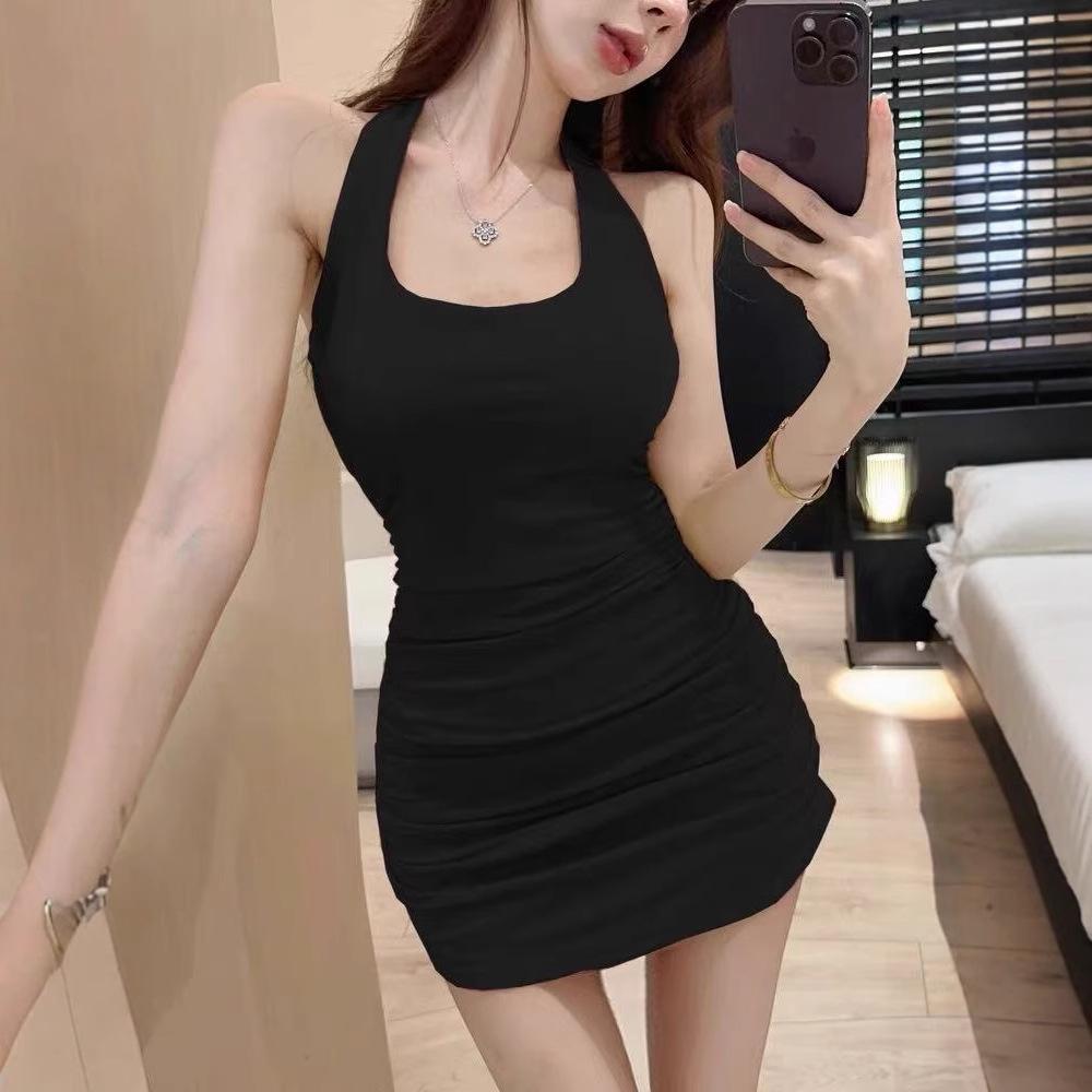 Spice girl sexy backless neck suspender dress women's spring and autumn new pure want to show figure hip skirt