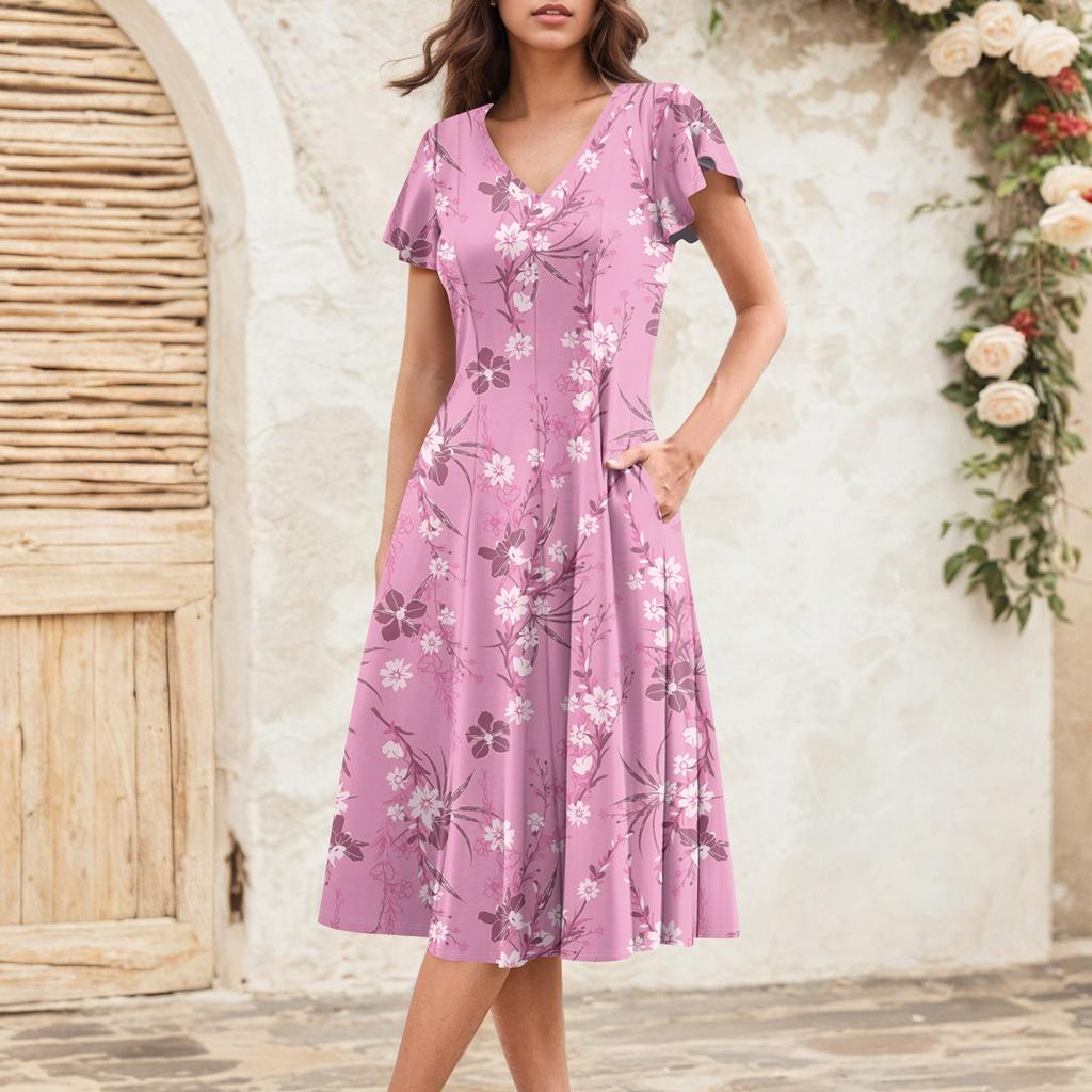 Женское летнее модное элегантное платье миди в стиле ретро с V-образным вырезом и оборками на рукавах