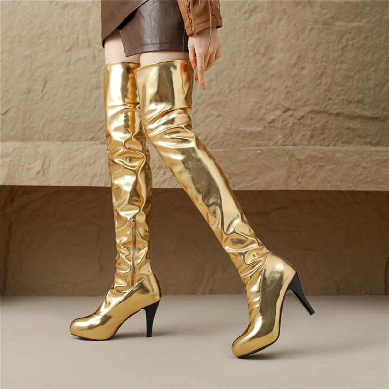 8/Women's High Heel Boots Sexy Gold Silver Steel Pipe Dance Boots Large Over Knee Boots