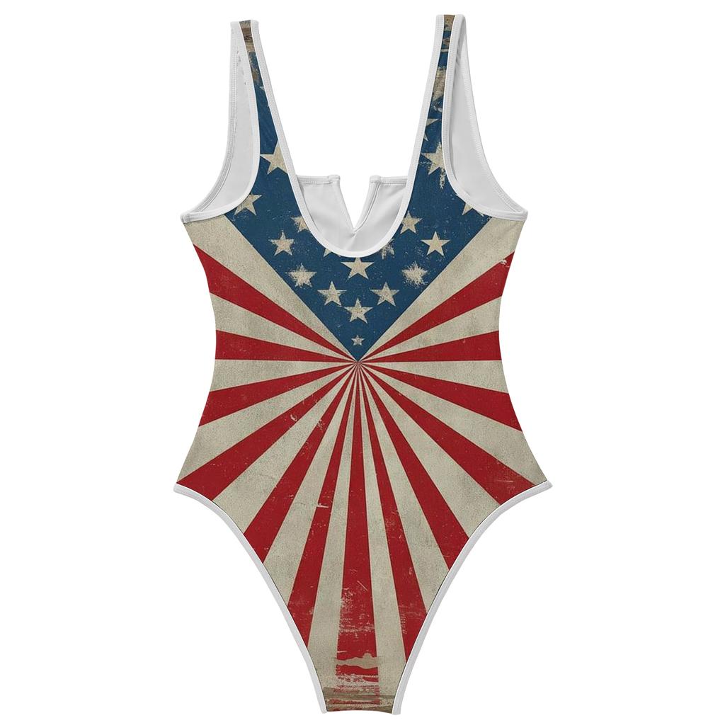 Women's Swimsuit Deep V Neck Printed Star Pattern Bathing Suit with Trim for Beach Pool