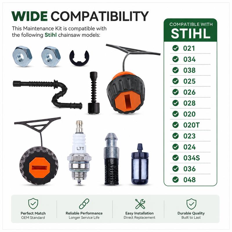 Oil Fuel Cap Line Filter Spark Plug Nut Kit For Stihl 020 020T 024 034S 036 048 Saw Parts Replace 0000-350-0520 with E-clip