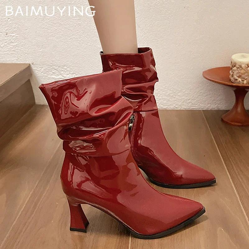 Женские ботильоны на высоком каблуке, массивные кожаные туфли с острым носком, женская зимняя трендовая обувь 2024 года, сексуальные элегантные туфли-лодочки Chelsea Botas Mujer