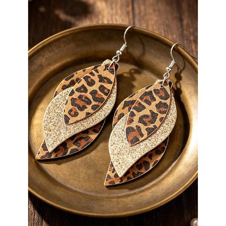 1 Pair New Vintage Leopard Print Layered Faux Leather Sequins Earrings