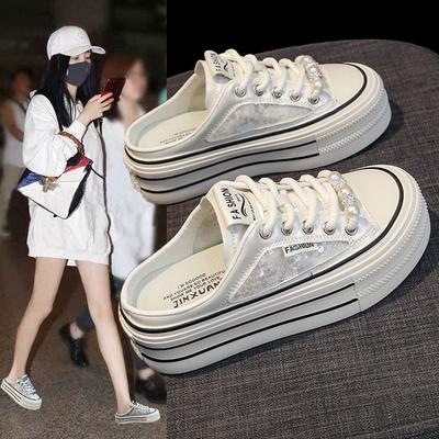 Женские парусиновые полуботинки с вышивкой жемчугом, новая летняя коллекция 2025, толстая подошва, на одной педали, с закрытым носком, без каблука, маленькие белые туфли