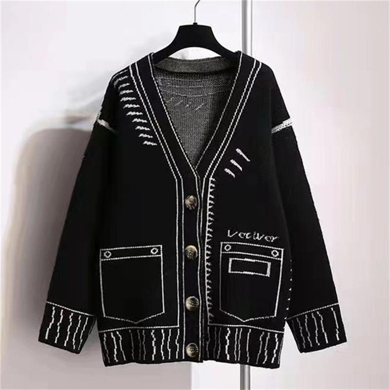 Sweater Female Fall and Winter Black and White Silhouette Loose Lazy Cardigan Jacket Knitted Tops Female Comfortable Versatile and Fashionable