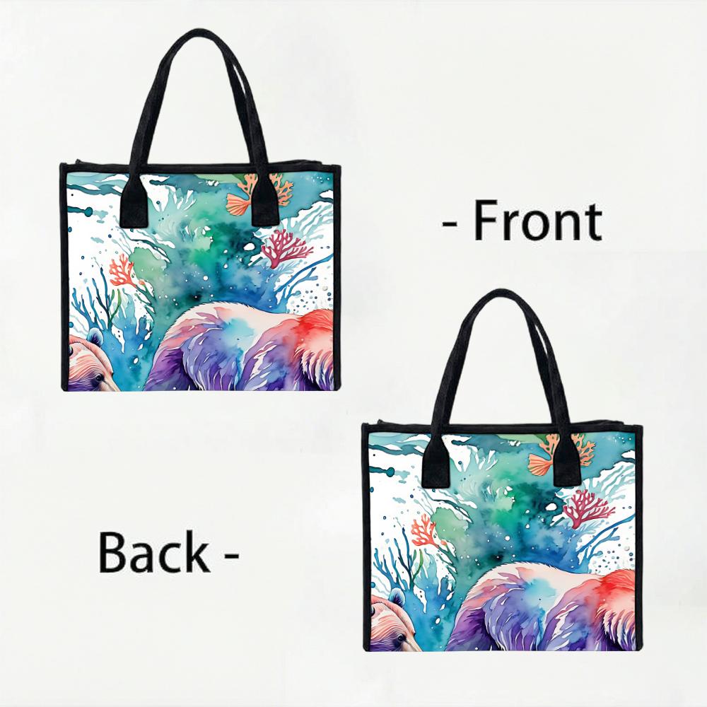 Watercolor Bear Coral Pattern Portable Tote Bag for Daily Commute Shopping Outing