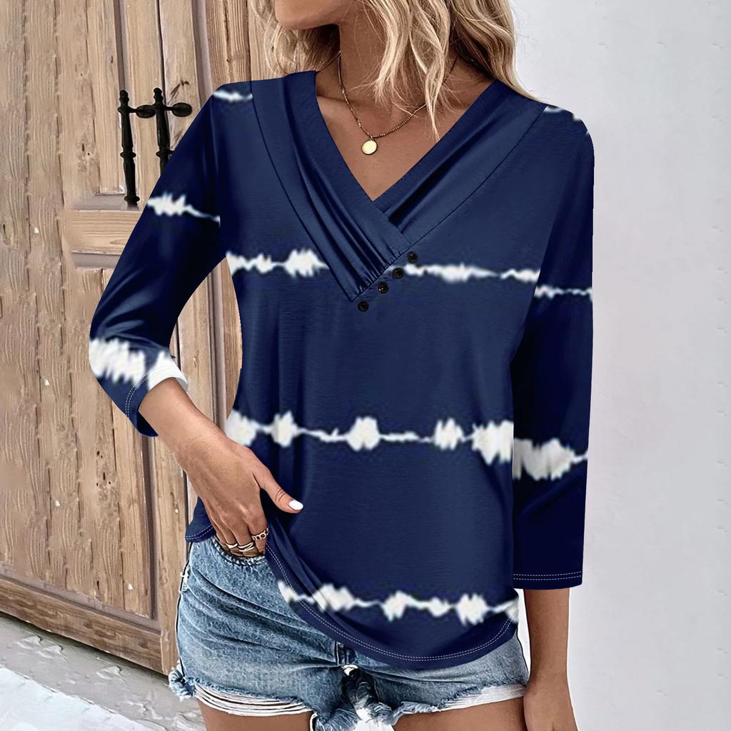 Womens 3/4 Sleeve Daily Weekend V Neck Casual Printed Tshirts Loose Fit Pleated Tees Ladies Blouse