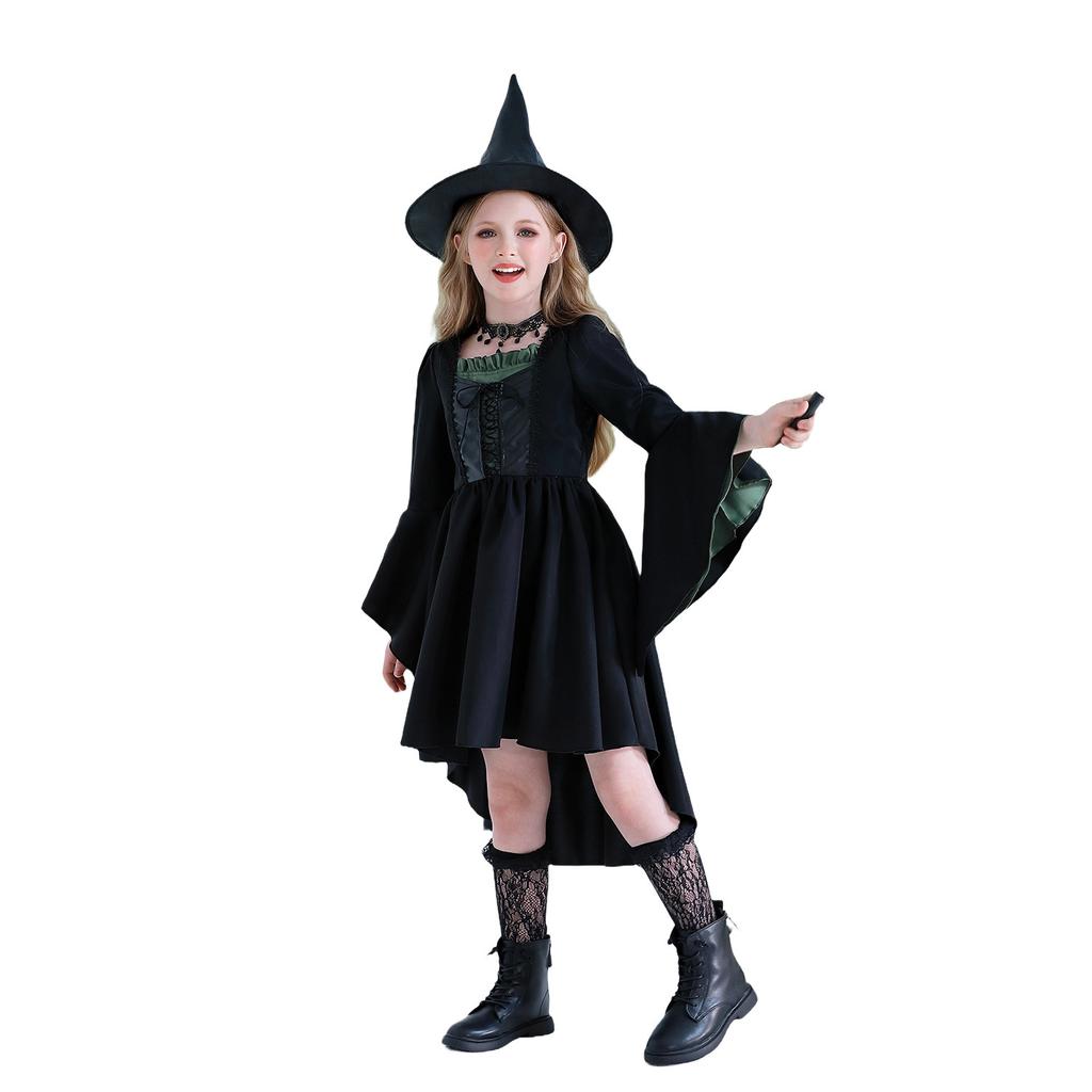 Halloween children's costume, performance outfit, girl's witch costume, parent-child matching witch costume, witch with broom, forest elf dress,