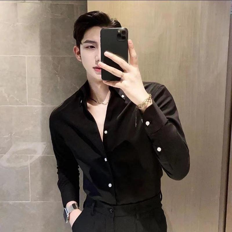 Big V New V-neck Shirt Men's Thin Style Korean Handsome Slim Casual Handsome Shirt