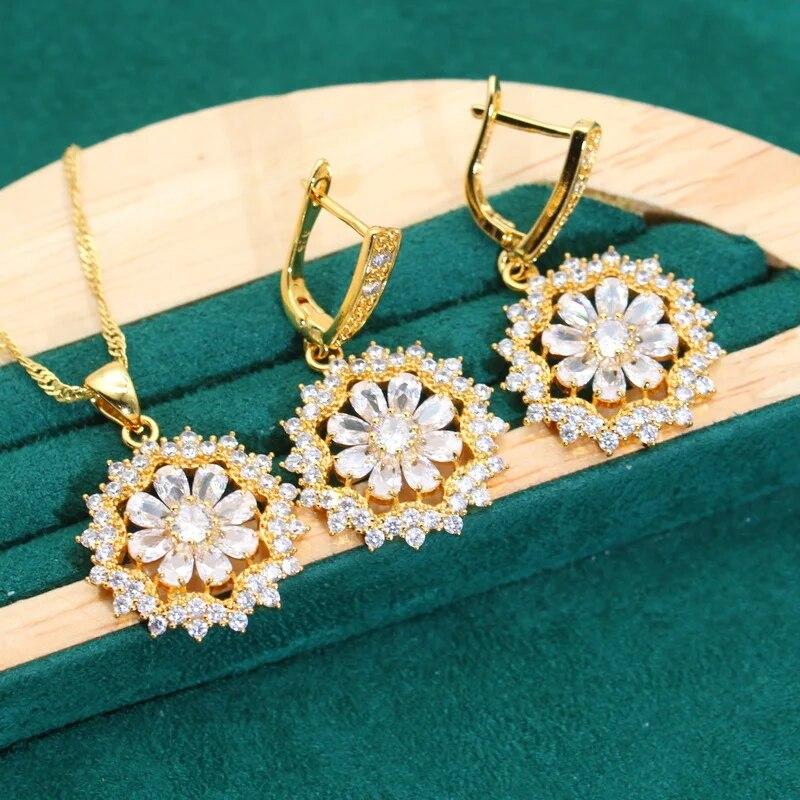 Белый Циркон Золотой Цвет Ювелирные Наборы для Женщин Свадебный Браслет Серьги Ожерелье Подвеска Кольцо Праздничный Подарок