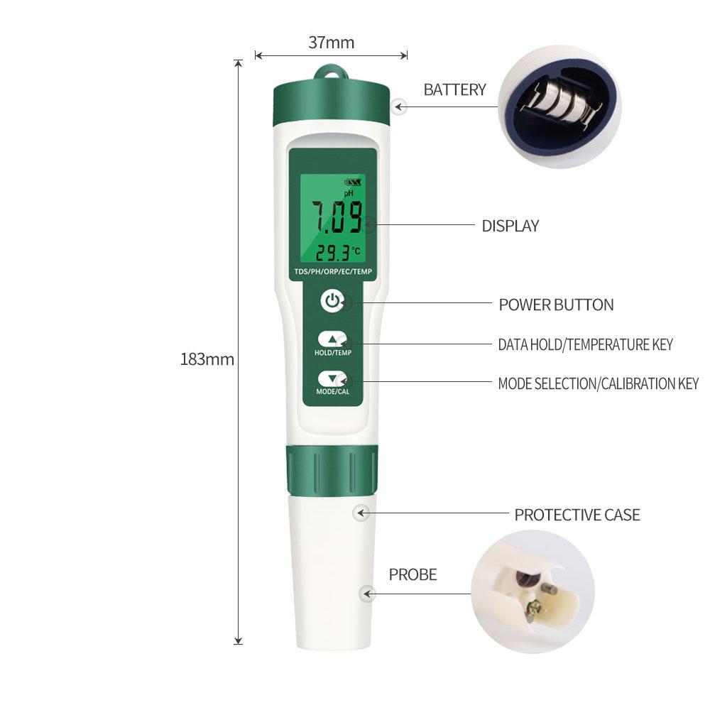 5 In 1 Digital Water Quality Tester TDS EC ORP Temperature PH Meter Portable PH Test Pen for Pools Drinking Water Aquariums