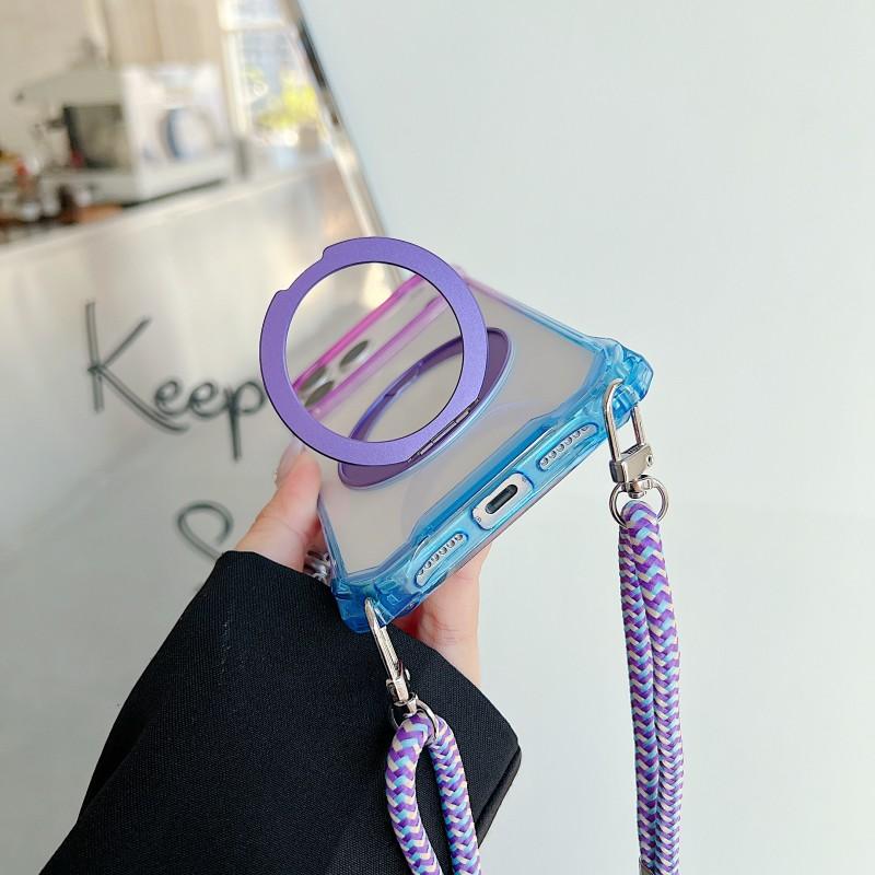 Gradient Case For iPhone 16 Pro Max 17 Air 16E 12 13 14 15 360 Ring Holder Magnetic Lanyard Four Corners Shockproof Strap Cover