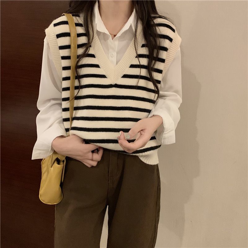 Pullover V-neck Striped Knitted Vest Women Spring and Autumn 2022 Casual Sleeveless Vest Sweater Female Top