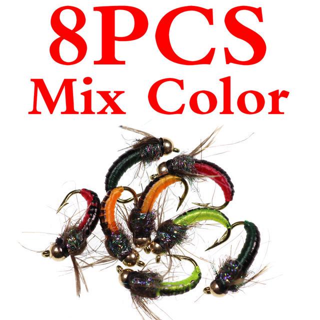 8PCS #12 Brass Bead Head Fast Sinking Nymph Scud Fly Bug Worm for Trout Fishing Nymphing Artificial Insect Bait Lure