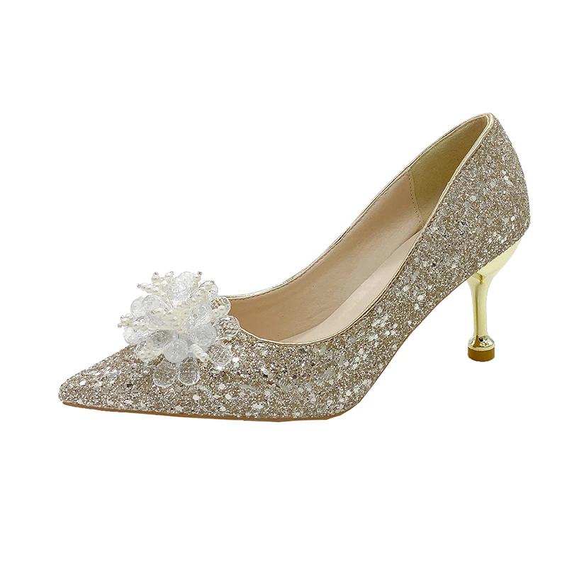Autumn New Thin Heel Single Shoes Women's Pointed Head Shallow Mouth Rhinestone Flower Slip-on High Heels