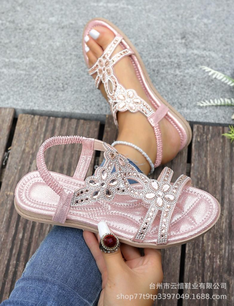 Fashion Plus Size 36-46 Women Shoe Rhinestone Flat Sandals Elastic Band Beach Shoes for Women Fashion Casual Open Toe Sandalias De Mujer