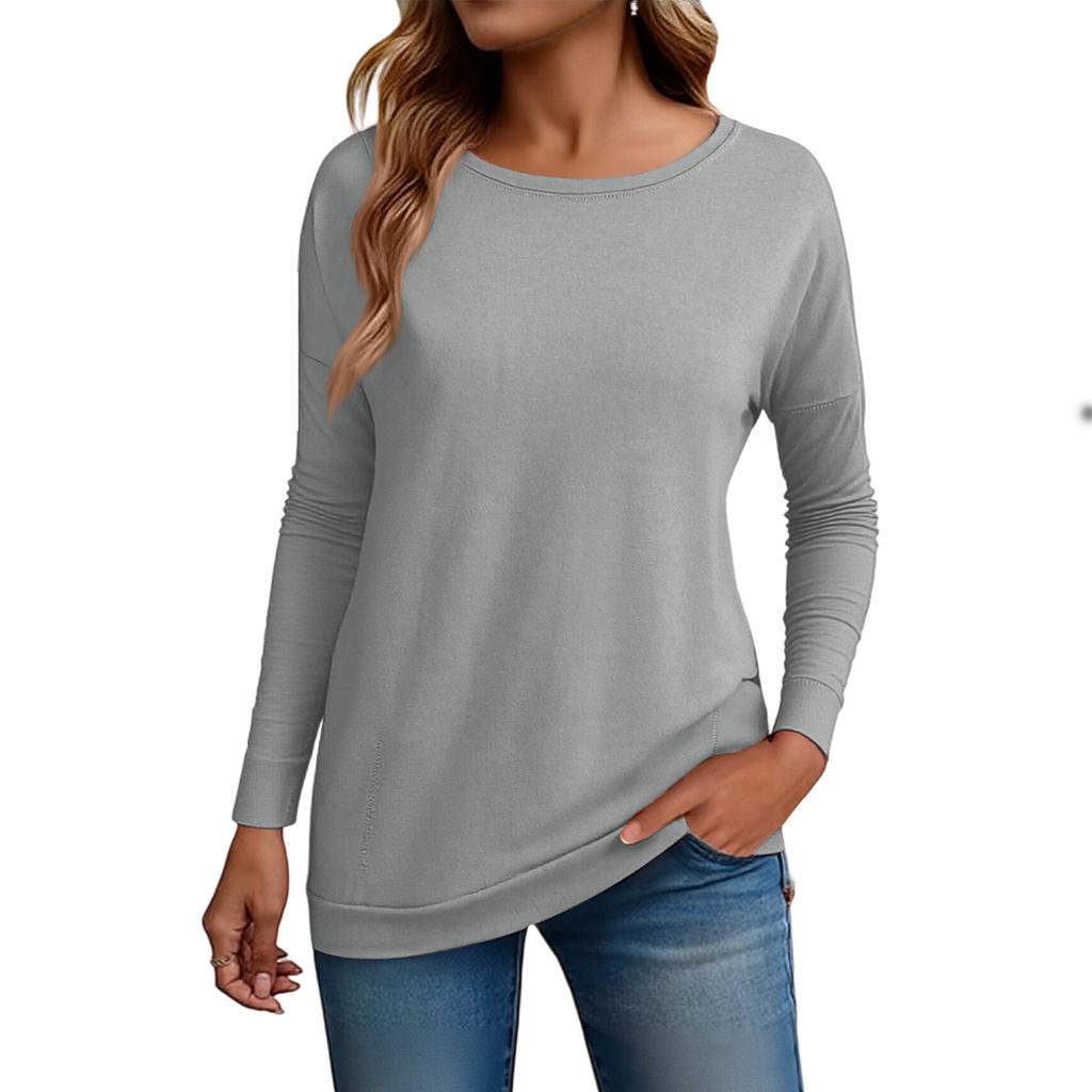 Women's Fashion Loose Round Neck Long Sleeve Solid Color T-shirt Top