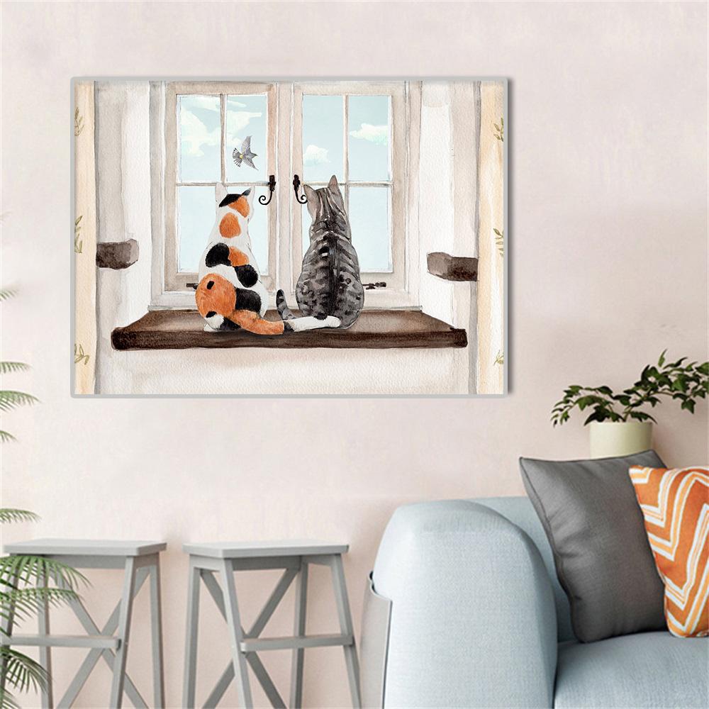 Window Cats Cartoon Painting Canvas Print Modern Wall Animal Art Poster Warm Picture for Lovers Living Room Home Decor Cuadros