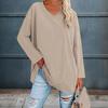 V-neck Long Sleeve Mid-Length T-shirt Top Spring Autumn Solid Color Loose Pullover Top Streetwear