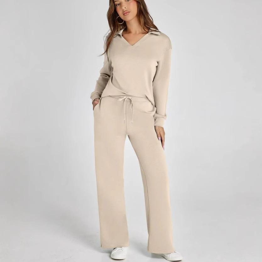 Women's Olive Green V-Neck Lounge Set with Drawstring Waist Pants