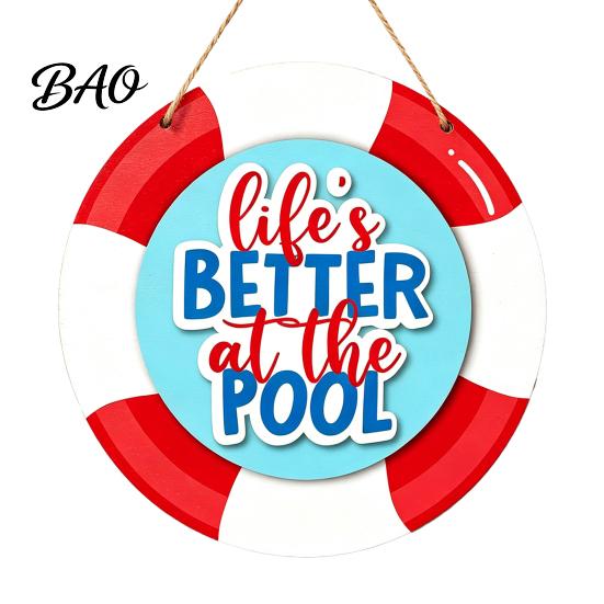 Wooden Door Plaque Summer Pool Hanging Sign, Weather Resistant Solid Wood with Outdoor Wall Art Hemp Rope for Beach Party And Swimming Decoration Sign