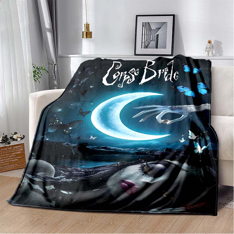 Corpse Bride Moon Sea Print Flannel Blanket, Gothic Romantic Soft Throw Blanket for Sofa Bed Home Decor