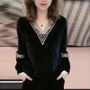 M-4XL Thin Women's Gold Velvet Top Fashion Spring Autumn New T-shirt Loose Long Sleeve V-neck Bottoming Shirt