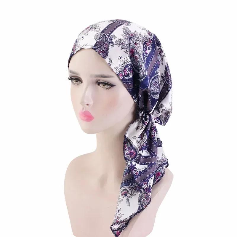 New Shimmer Pre-Tied Hat Women Muslim Hijab Turban Long Tail Headscarf Beanies Bonnet Hair Loss Chemo Cap Head Wrap Bandanas