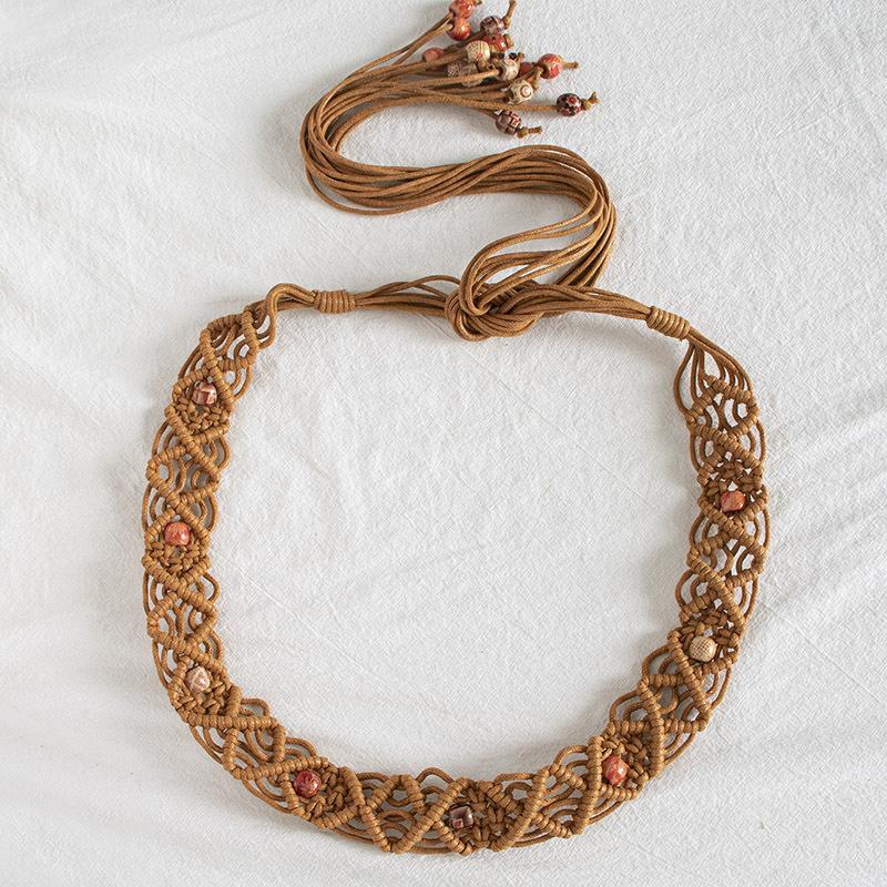 Бохо Стиль Вощеная Веревка Плетение Узлами Этнический Стиль Ручная Работа Деревянные Бусины Женский Пояс Повседневный Стиль для Отпуска Изысканная Поясная Веревка