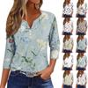 Women's Fashion Casual Floral Print V-Neck Short Sleeve Decorative Button Three-quarter Sleeve T-Shirt Top