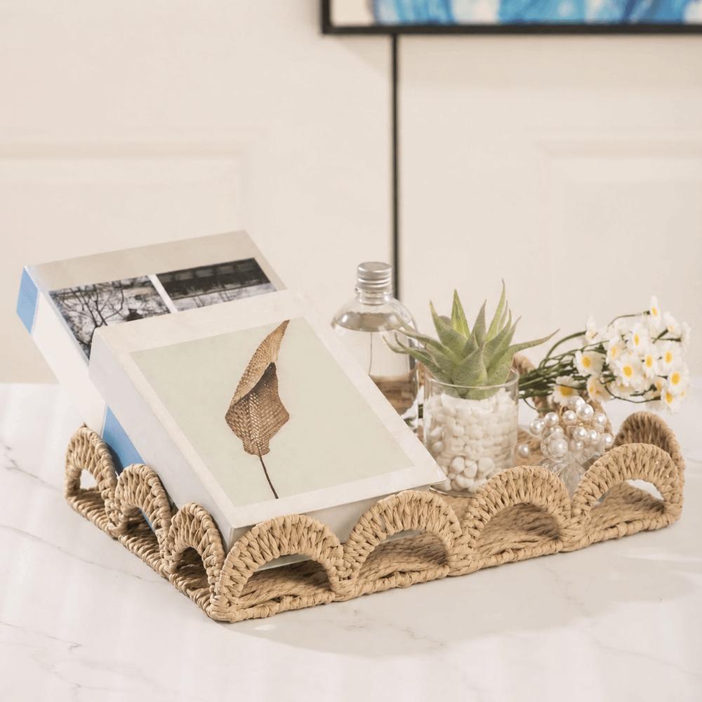 Scalloped Edge Handwoven Storage Basket Rectangular Fruit Basket Desktop Organizer Bedroom