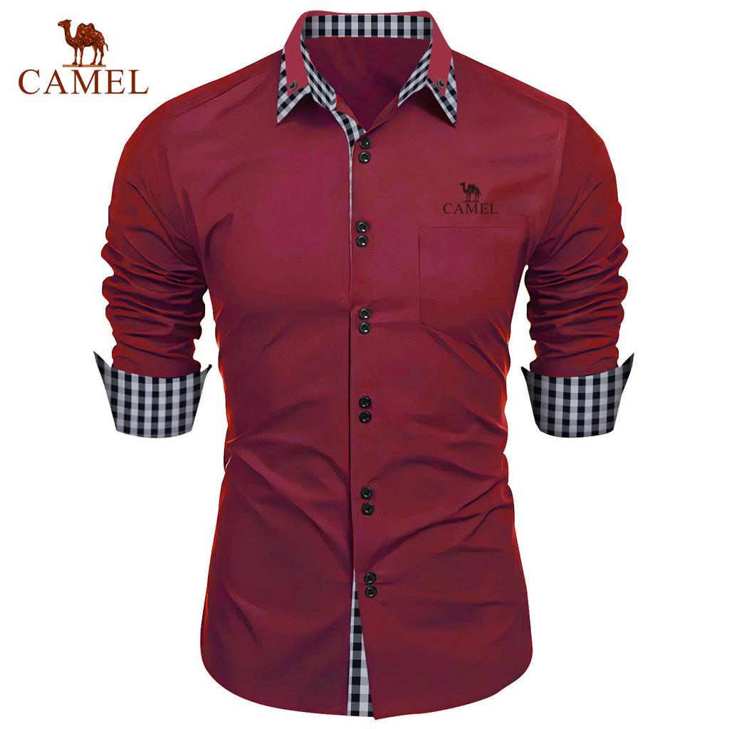 Camel Spring and Autumn New Fashion Men's Fashion Check Color Block Business Slim Fit Casual Shirt Embroidered Brand Long Sleeved Shirt