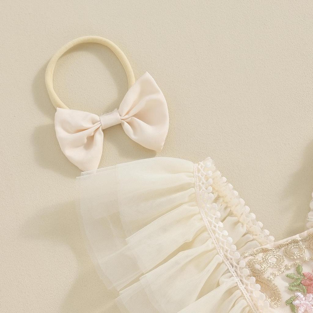 Наряд для новорожденных девочек 3, 6, 12, 18, 24 месяцев, тюлевой комбинезон с цветочной вышивкой и рукавами-крылышками, платье в стиле пэчворк с бантом, летняя одежда