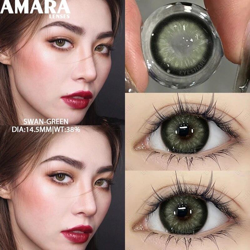 Цветные контактные линзы AMARA для глаз, голубые глаза, зеленые линзы, корейские модные серые линзы для больших глаз, линзы 14,5 мм, ежегодно, 2 шт./пара