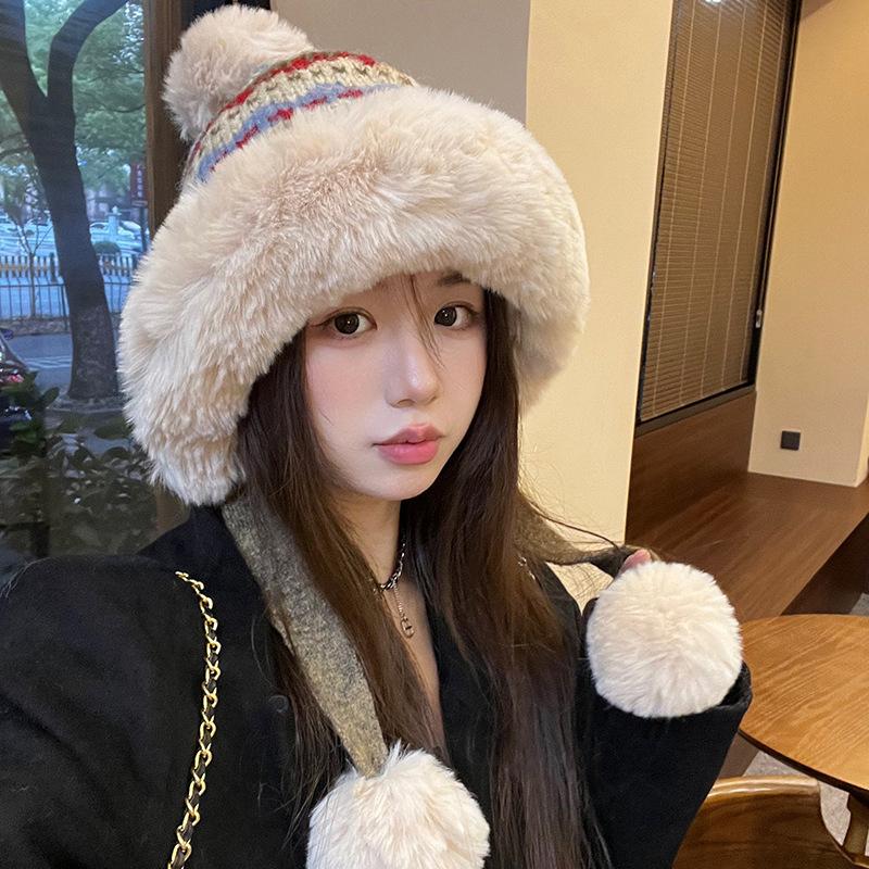 Knitted Fluzzy Russain Hat Trapper Earflap Outdoor Ski Cap Male Female Thick Warm Winter Beanie Hat Fur Pompom Bomber Hat