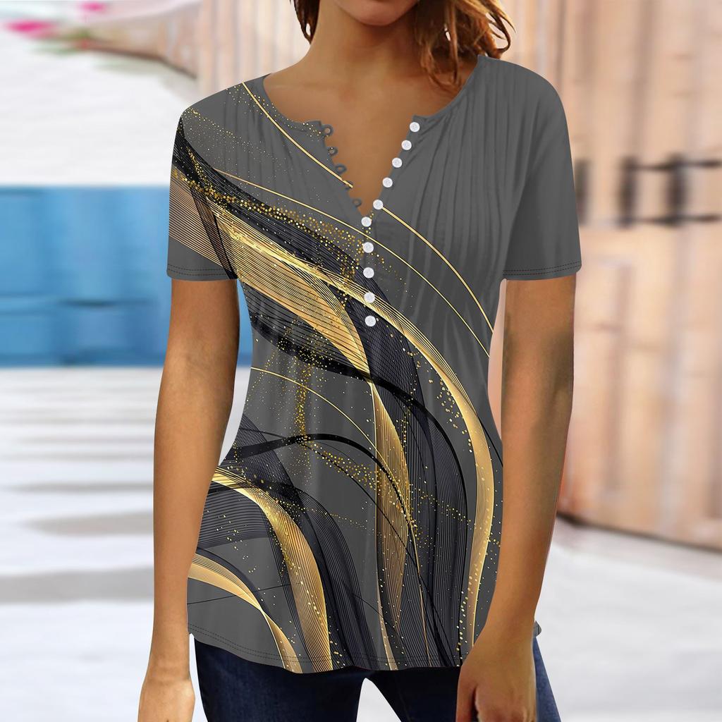 Летние топы для женщин, модные рубашки-туники с принтом в стиле бохо, футболка с короткими рукавами и пуговицами, V-образный вырез, повседневная свободная блузка