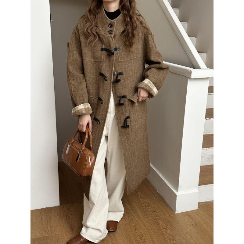 Осенне-зимнее ретро-пальто с капюшоном и роговыми пуговицами в клетку, двухстороннее шерстяное пальто, женское свободное двухстороннее шерстяное пальто