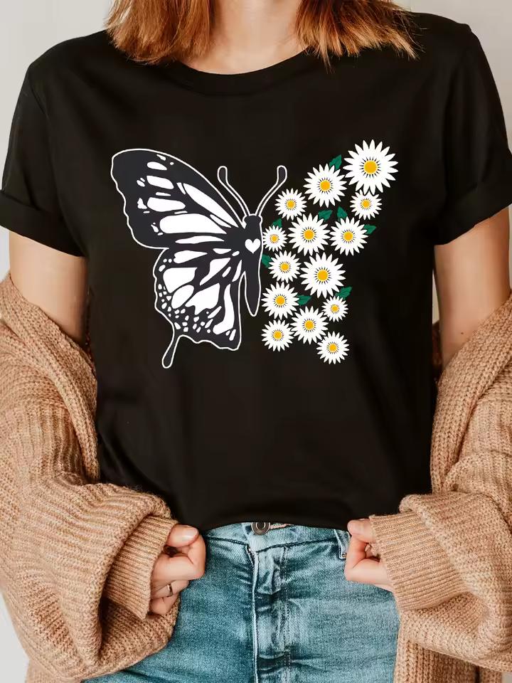 2026 Women Butterfly and Daisy Print T-ShirtCasual Crew Neck Top Summer Short Sleeved Harajuku Streetwear Tops Aesthetic Clothes