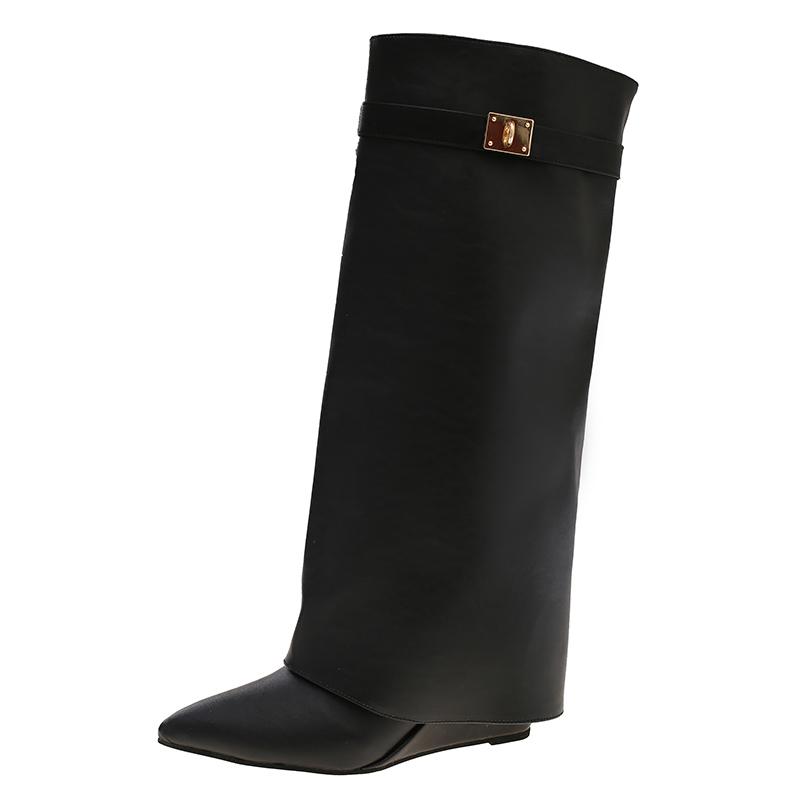 Модные клинья на каблуке 8 см, ботильоны до колена из мягкой кожи с острым носком, женские 2025, осенняя модная обувь, уличный стиль, современные длинные боты для женщин