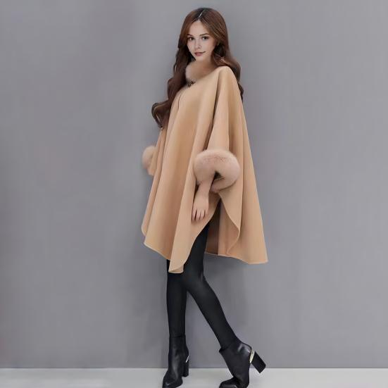 Женское зимнее пальто-накидка с рукавами «летучая мышь» Толстая шаль Свободный воротник-стойка Однотонный декор из искусственного меха Теплая повседневная одежда для работы и отдыха на открытом воздухе Пончо