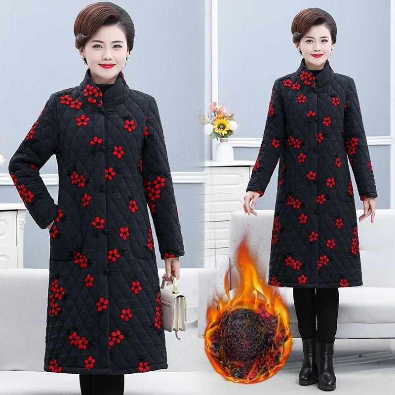 Хлопковое пальто с вышивкой в китайском стиле для женщин среднего возраста, утепленная теплая длинная куртка с застежками-лягушками