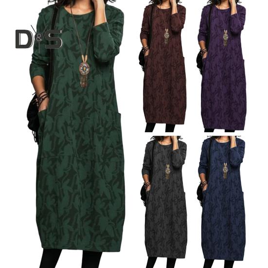 Женское платье весна-осень с круглым вырезом, длинными рукавами и боковыми карманами, свободное платье-миди длиной до середины икры с цветочным принтом для повседневной носки и поездок на работу