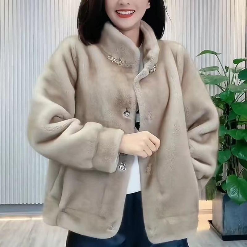 New Mink Fur One Piece Short Stand Neck Fashion Versatile Casual Slim Large Size Faux Fur Coat Autumn Winter Feminine Style