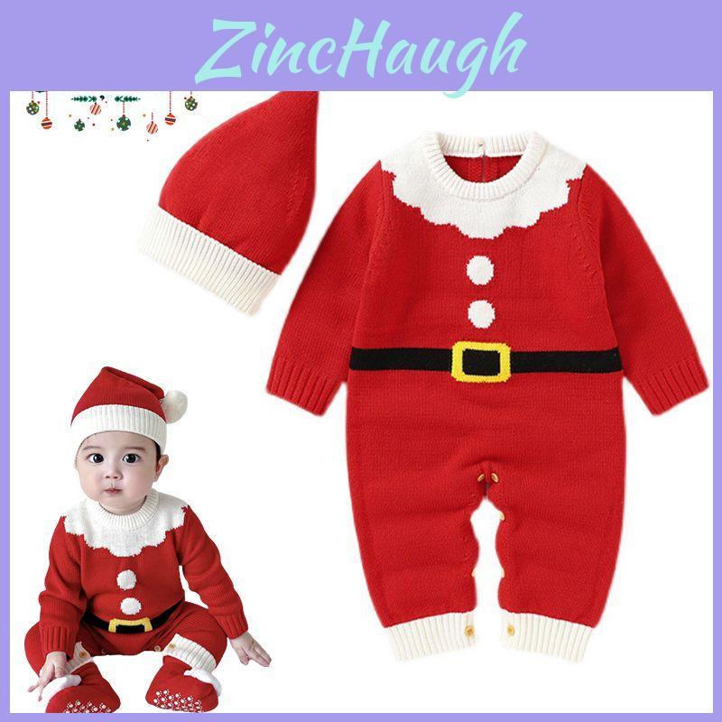 Adorable Christmas Baby Knitted Romper Jumpsuit Outfit W/ Santa Claus Sweater Hat