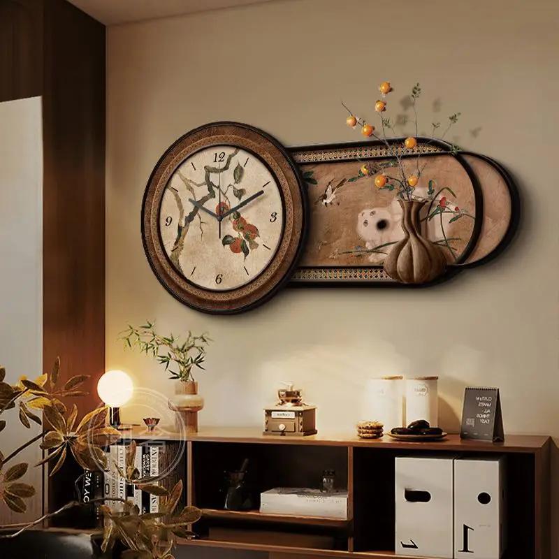 Chinese Retro Home Decor Wall Clock Living Room Decoration Three-dimensional Sandstone Decorative Painting Wall Clock