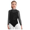 Girls Dance Leotard Long Sleeve Keyhole Back Design Sequins Rhinestones Sheer Mesh Figure Skating Outfit